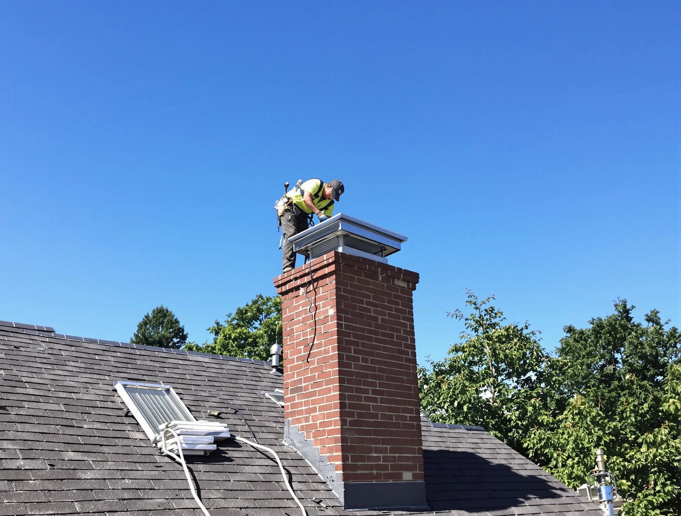 Plainsboro Chimney Sweep technician measuring a chimney cap in Plainsboro, NJ